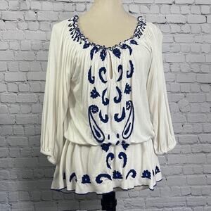 Boston Proper Off The Shoulder White Blue Embroidered Blouse Short Sleeve Small